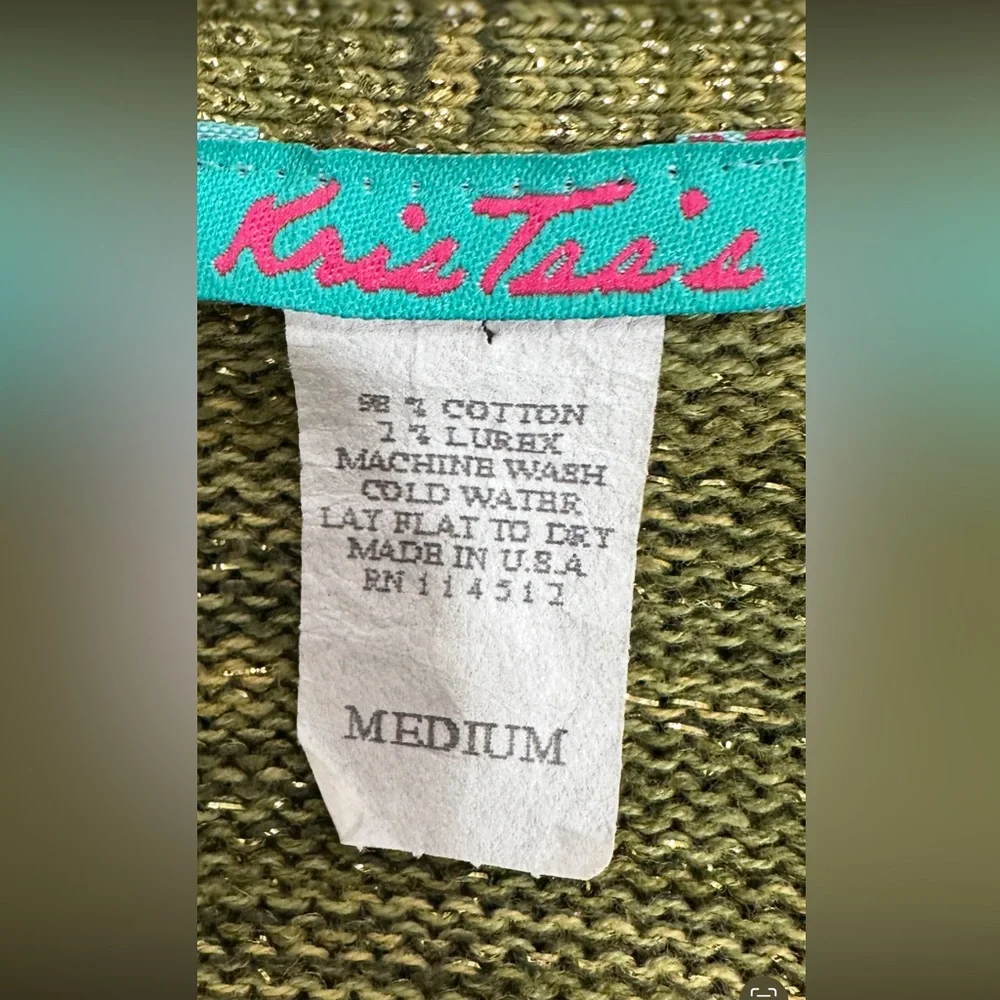 Vintage Kris Tae’s Metallic Olive Green Crossover Knit Sweater Size M USA - Picture 9 of 9